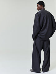 Grey Striped Wool Wide Leg Drawstring Pants