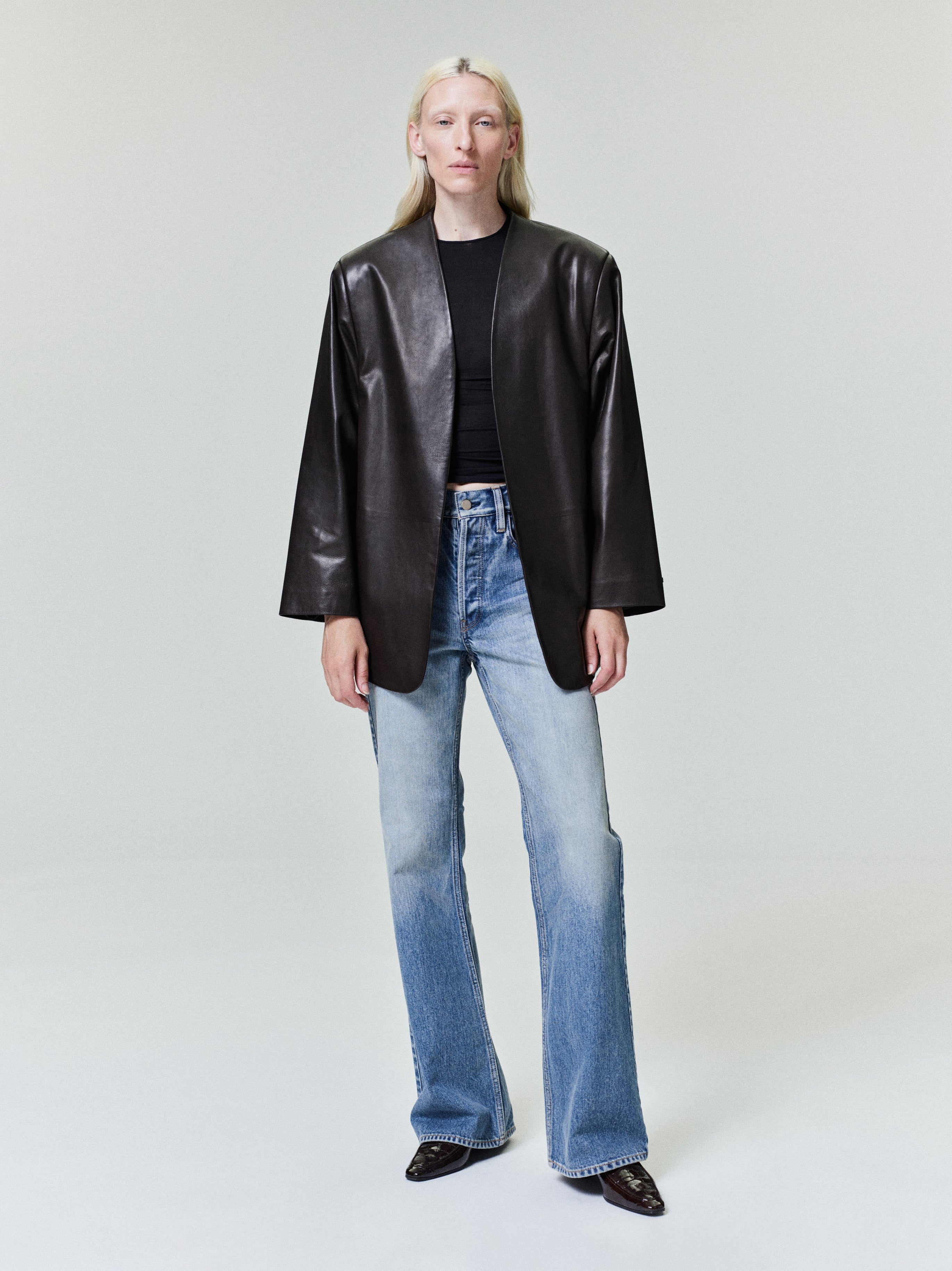 Womens Leather Collarless Jacket