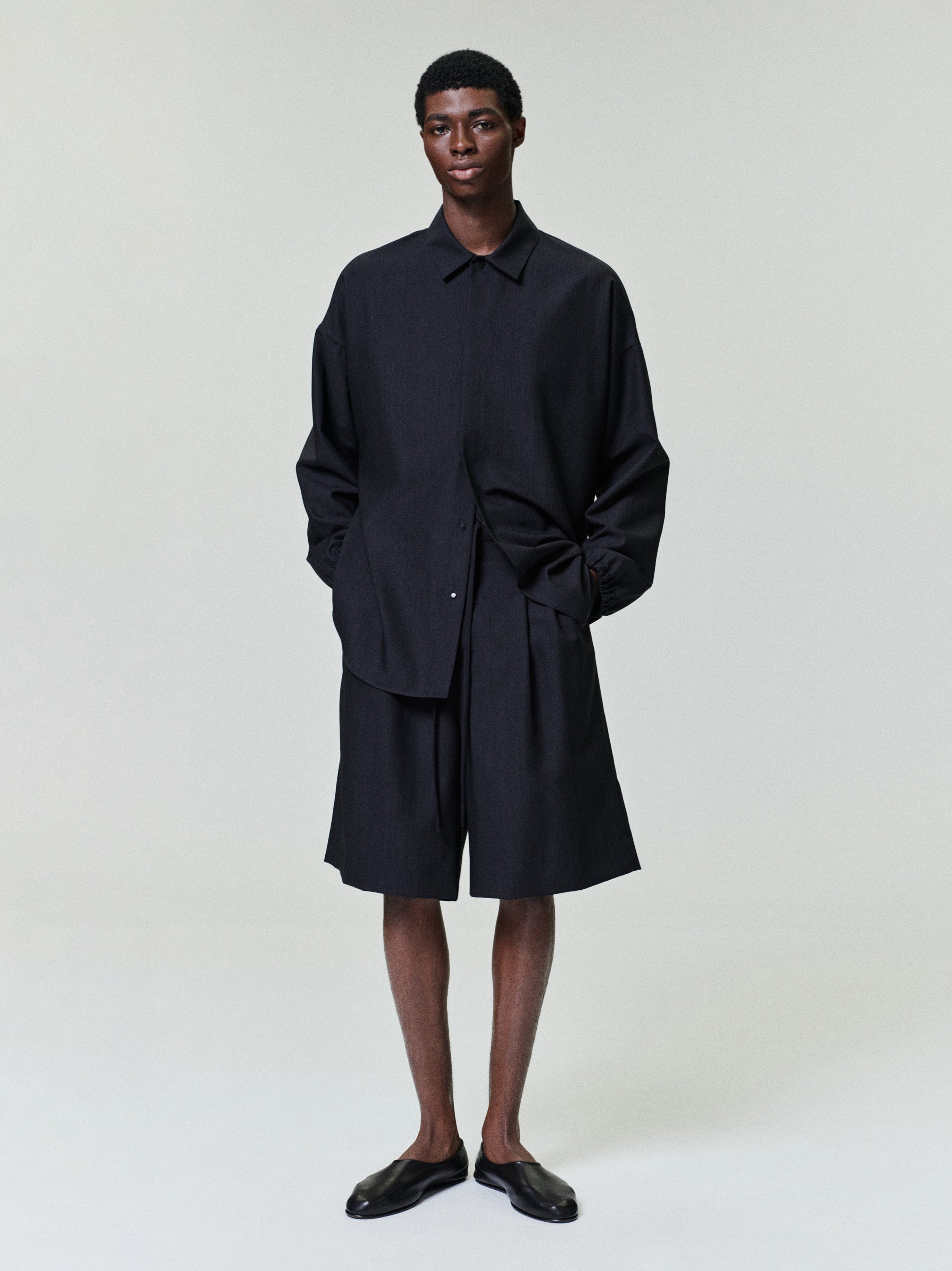 Black Striped Wool Baggy Shorts