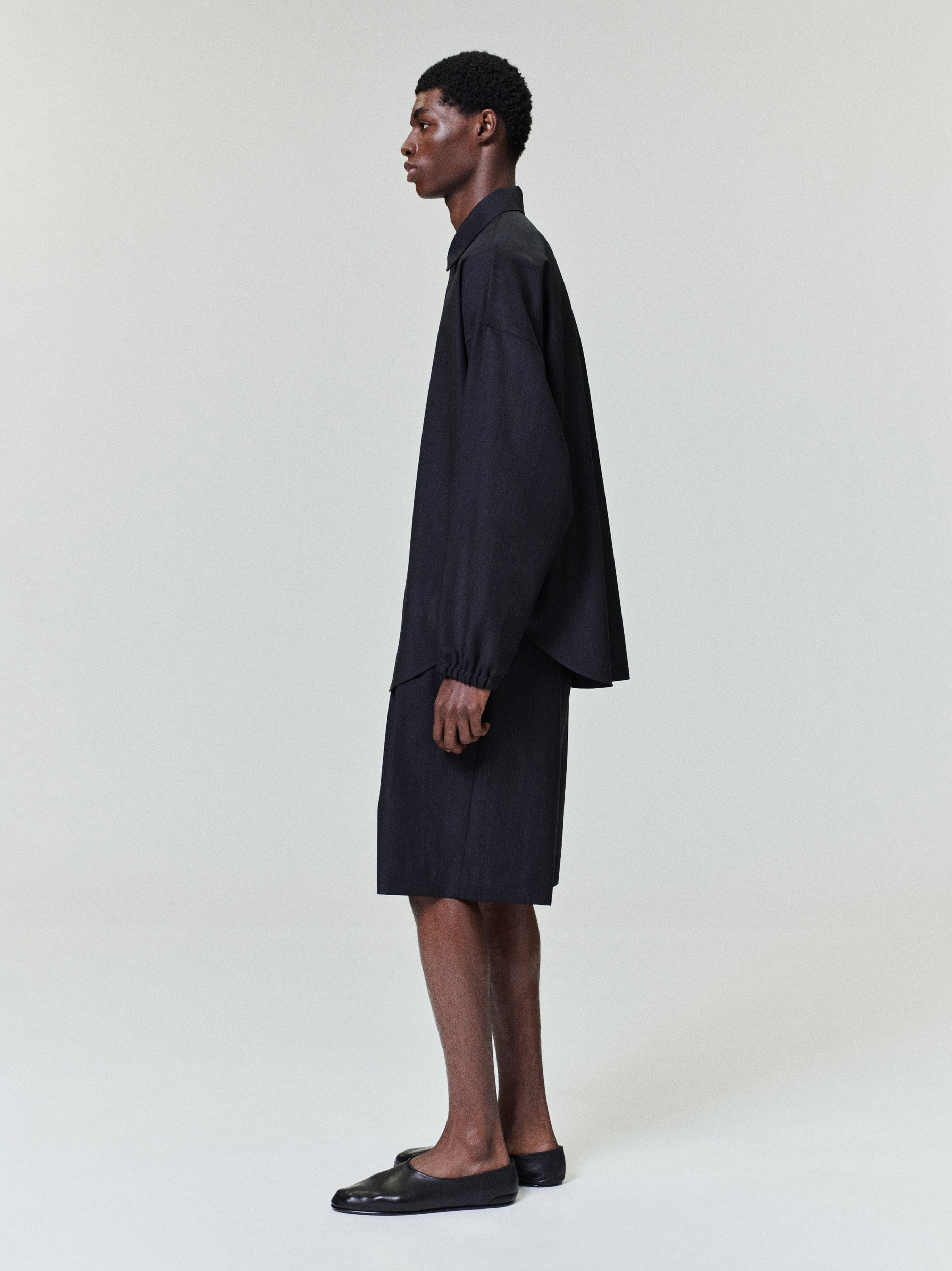 Black Striped Wool Baggy Shorts