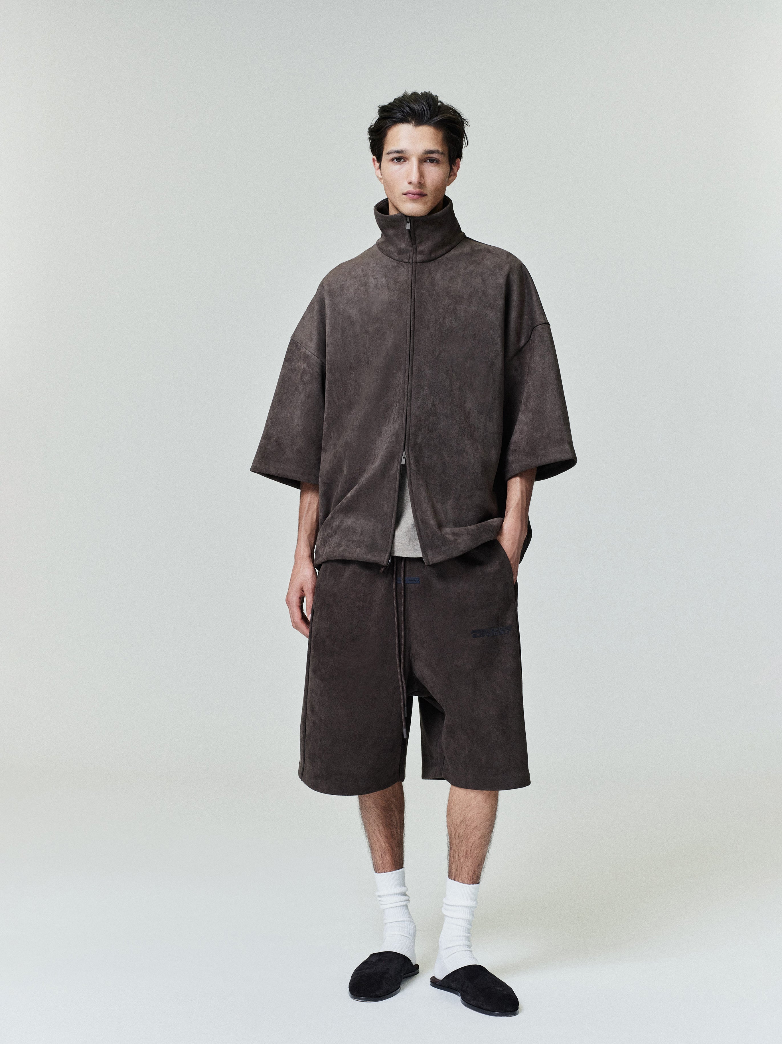 Suede Fleece High Neck 3/4 Sleeve Jacket