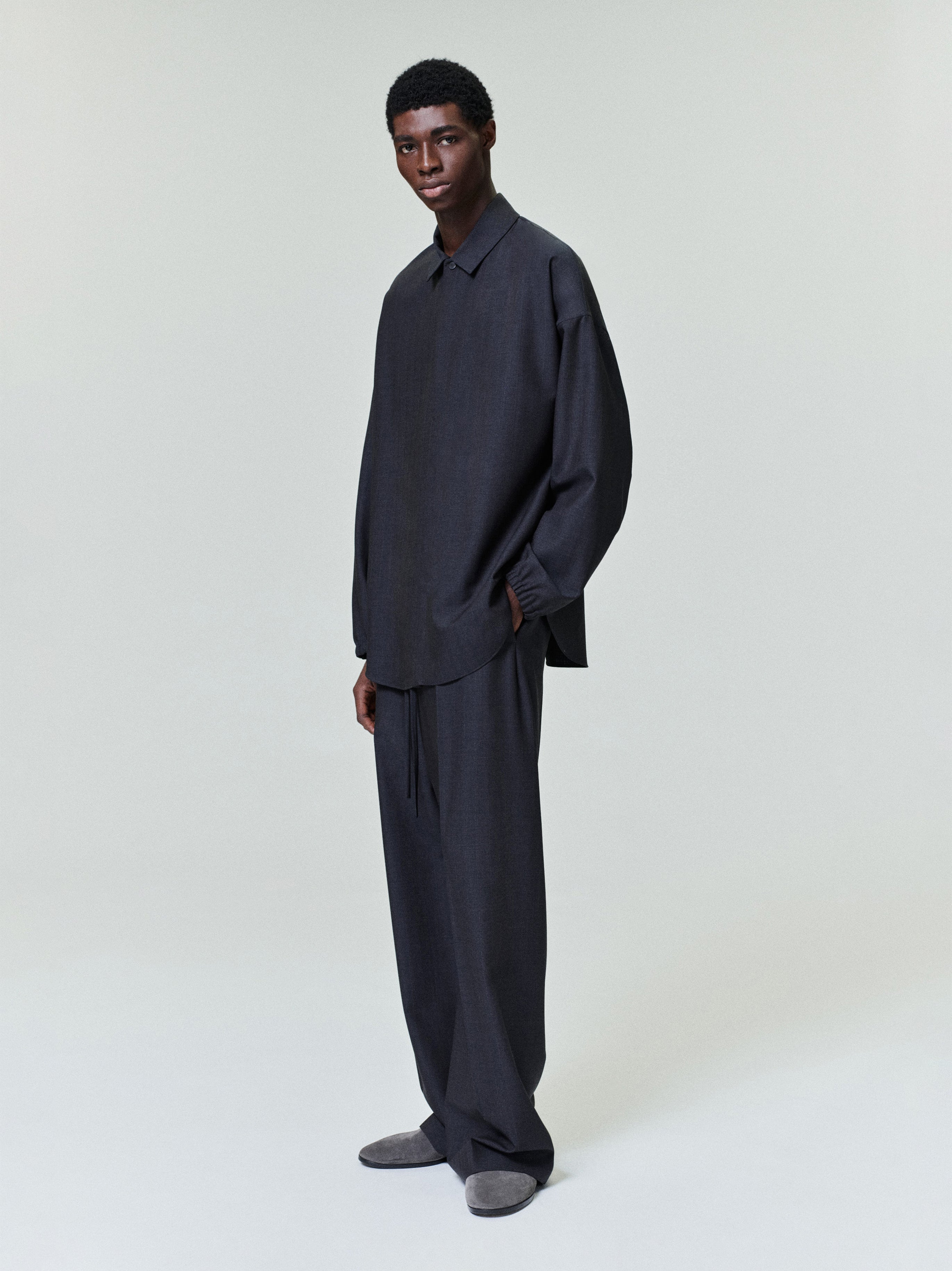 Grey Striped Wool Elastic Cuff Shirt