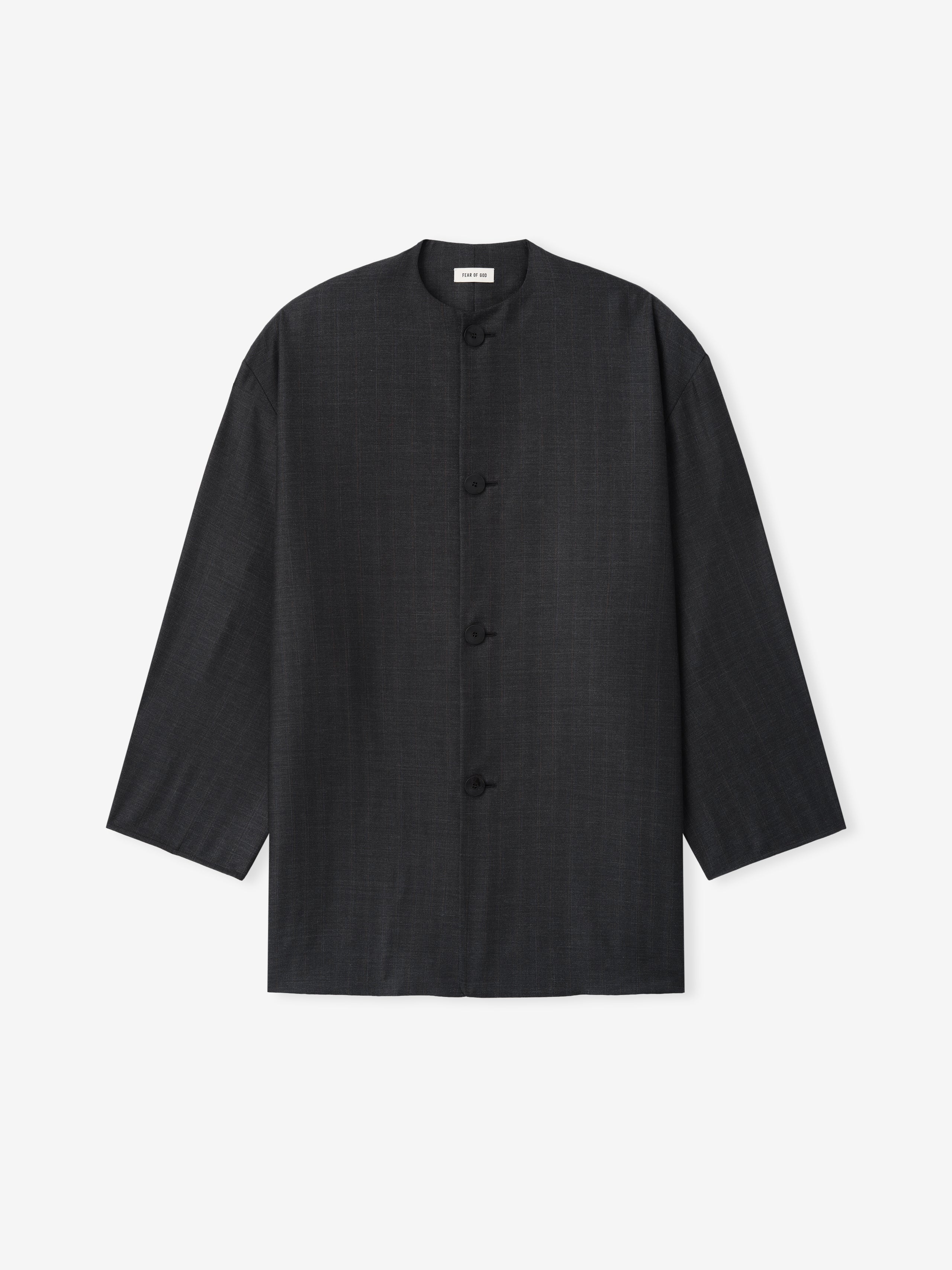 Grey Striped Wool Collarless Sport Jacket