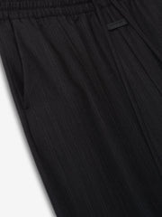 Black Striped Wool Wide Leg Drawstring Pants