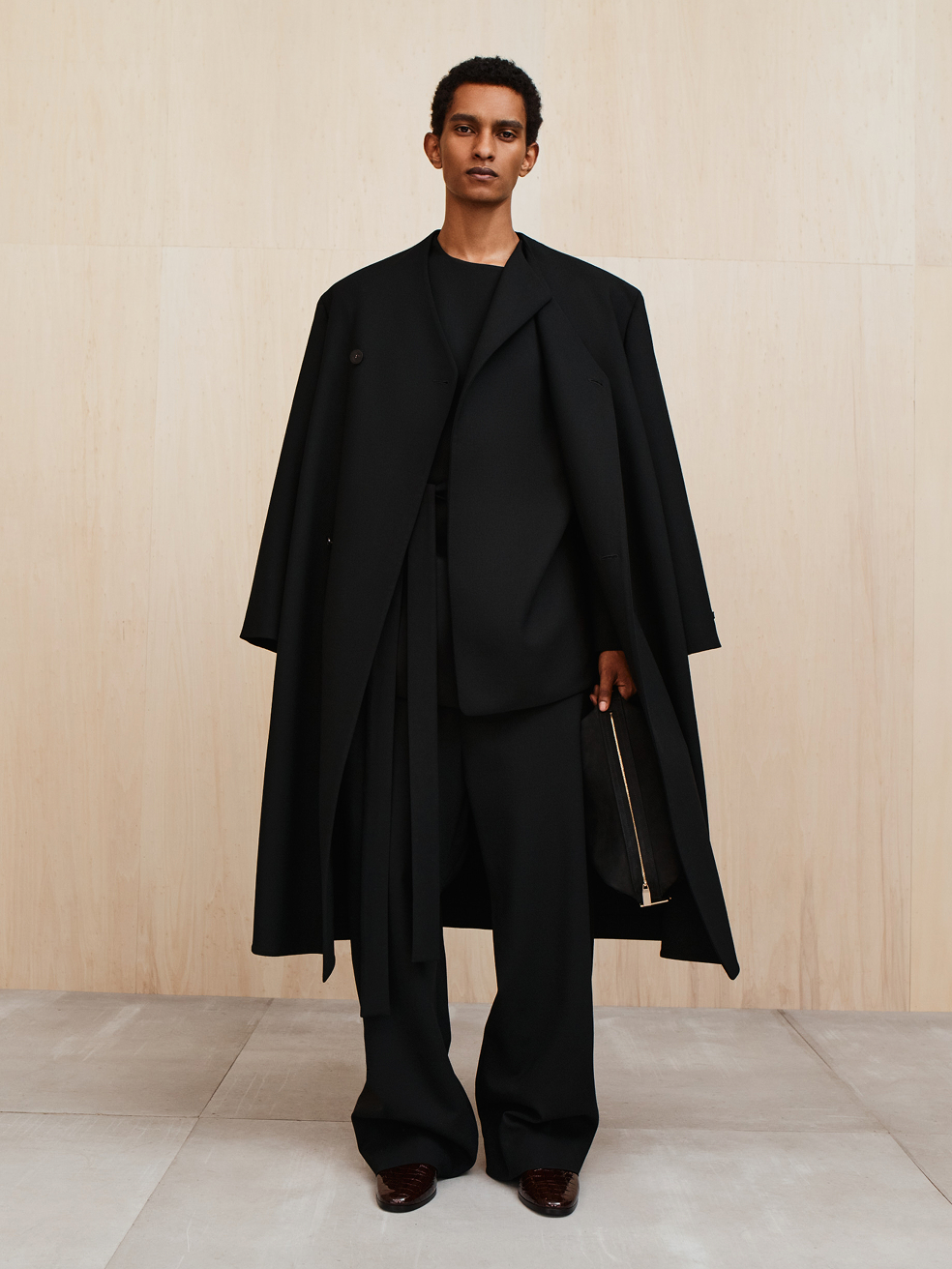 Double Weave Wool Double Breasted Lapelless Coat